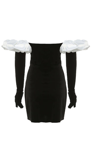 All Puffed Up Black Velvet Strapless Straight Neck Long Sleeve Gloves Contrast Puffs Bodycon Mini Ddress