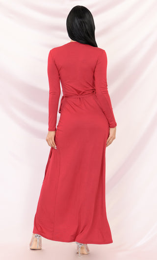 Every Which Way Red Long Sleeve Plunge V Neck Wrap Front Slit Maxi Casual Dress