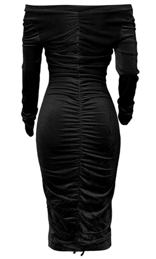 Friday Night Fantasy Black Velvet Long Sleeve Off The Shoulder Deep V Neck Ruched Bodycon Midi Dress