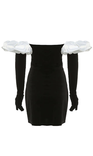 All Puffed Up White Black Velvet Strapless Straight Neck Long Sleeve Gloves Contrast Puffs Bodycon Mini Ddress