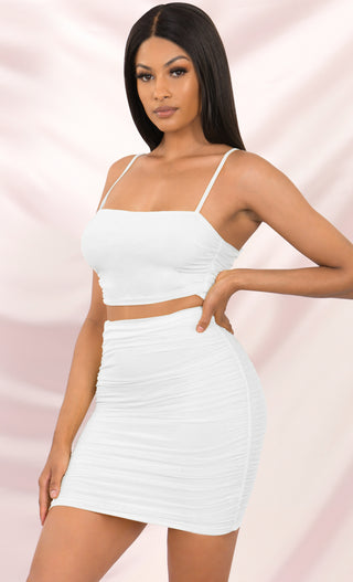 Love Me Better Two Piece Mesh Spaghetti Strap Ruched Crop Top Mini Skirt Dress