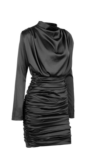Modern Instinct Black Satin Mock Neck A-Line Mini Dress
