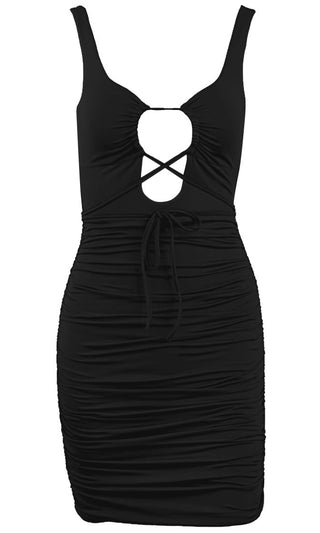 Midnight Intrigue Black Sleeveless Plunge V Neck Lace Up Ruched Bodycon Mini Dress