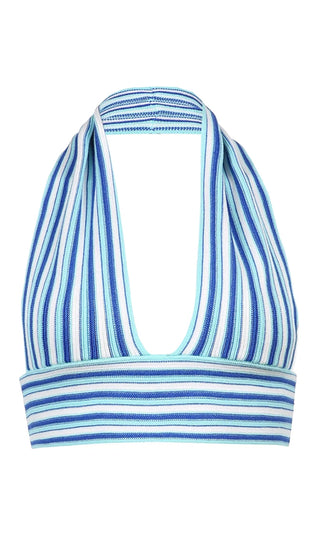 Blast From The Past Blue White Deep V Striped Halter Knit Tie Open Back Backless Sleeveless Crop Top
