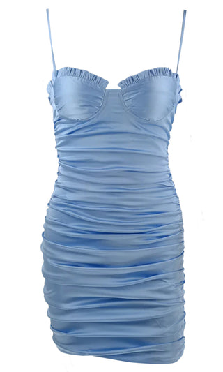 Sparkling Eyes Light Blue Satin Sleeveless Spaghetti Strap Ruffle Cup Bustier Sweetheart Neck Ruched Bodycon Mini Dress