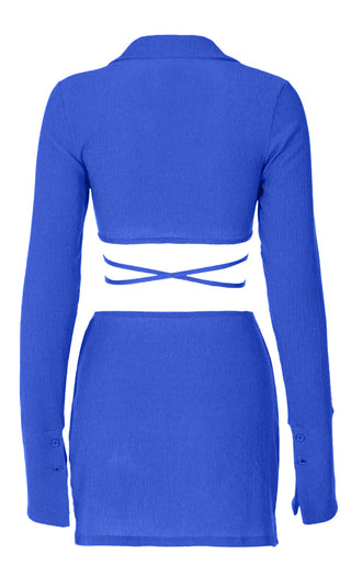 Hot Spot <br><span>Blue Long Sleeve Cross Wrap V Neck Crop Top Split Wrap Bodycon Two Piece Casual Mini Dress</span>