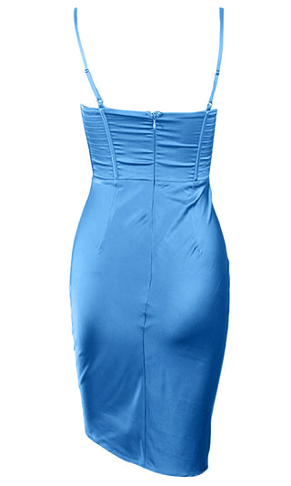 Treat Me Well Blue Satin Cowl Neck Corset Style Spaghetti Strap Midi Bodycon Dress
