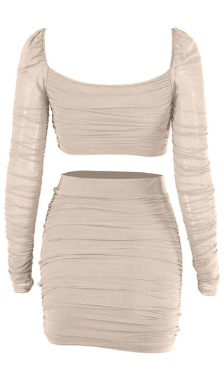 Just A Peek Sheer Mesh Ruched Long Sleeve Cross Wrap V Neck Crop Top Bodycon Two Piece Mini Dress