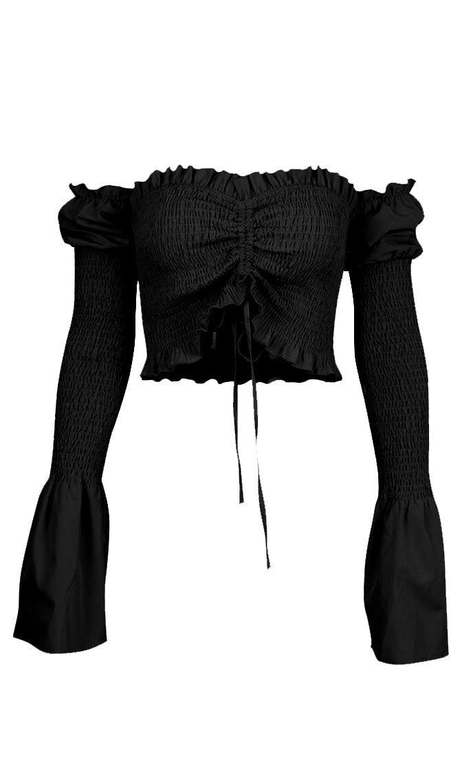 Out For Me Smocked Long Sleeve Flare Cuff Ruched Sweetheart Neckline C ...
