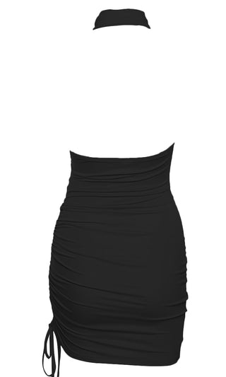 Evening Drinks Black Sleeveless Cross Twist Halter Neck Tie Back Keyhole  Cut Out Open Back Ruched Drawstring Bodycon Mini Dress