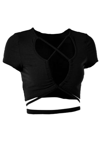 Lace Me Up Black Ribbed Short Cap Sleeve Criss Cross Cut Out Crop Top