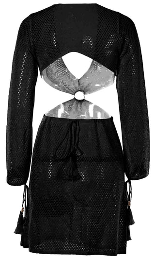 Island Style Long Sleeve Tassel Plunge V Neck Crochet Open Back Cut Out Sides Casual Mini Dress