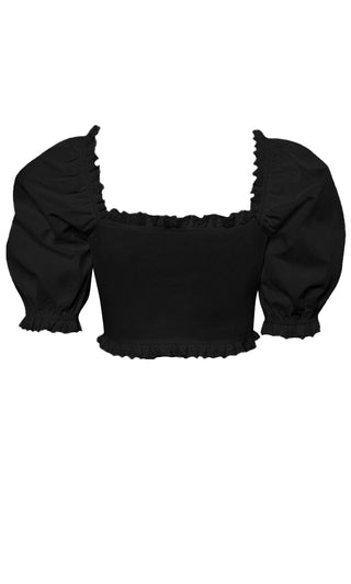 One More Reason Short Puff Sleeve V Neck Cut Out Lace Up Ruffle Crop Top Blouse