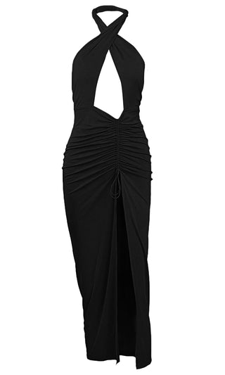 Love Without Hesitation Black Casual Keyhole Cut Out Cross Twist Halter Neck Sleeveless Ruched Slit Front Maxi Dress