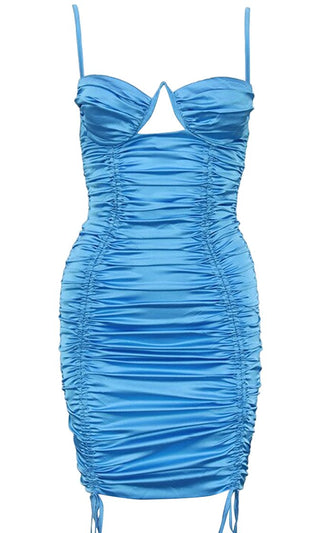 Good Time Blue Sleeveless Bustier Satin Spaghetti Strap V Neck Cut Out Ruched Drawstring Bodycon Mini Dress