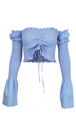 Out For Me Smocked Long Sleeve Flare Cuff Ruched Sweetheart Neckline Crop Top Blouse