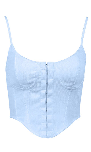 A Debutante's Secret <br><span>Blue Corduroy Sleeveless Spaghetti Strap Hook and Eye Crop Top Bustier Corset</span>