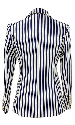 Ahoy Sailor Blue White Striped Pattern Long Sleeve Double Breasted Blazer Gold Button Jacket Coat Outerwear