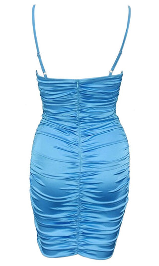 Good Time Blue Sleeveless Bustier Satin Spaghetti Strap V Neck Cut Out Ruched Drawstring Bodycon Mini Dress