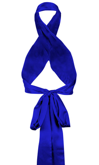 Permission to Dance <br><span> Blue Sleeveless Halter Satin  Wrap Tie Backless Crop Top</span>