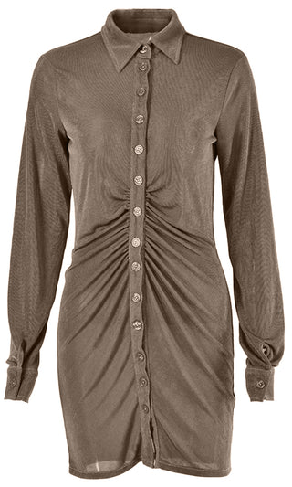All The Vibes Brown Long Sleeve Ruched Button Up Lapel Collared Blouse Casual Mini Dress