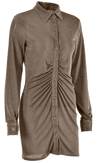All The Vibes Brown Long Sleeve Ruched Button Up Lapel Collared Blouse Casual Mini Dress