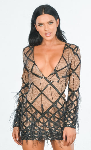 Made You Blush Geometric Pattern Sequin Feather Long Sleeve Plunge V Neck Bodycon Mini Dress