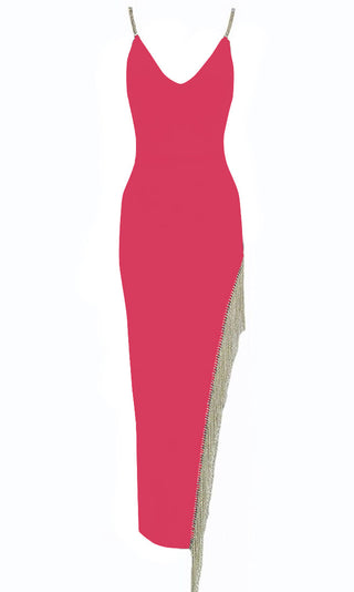 Forever In My Mind <br><span>Fuchsia Pink Sleeveless Rhinestone Strap Crystal Fringe V Neck Cut Out Side Bodycon Bandage Maxi Dress</span>
