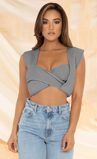 In My Dreams <br><span>Apricot Multiway Knit Light Purple V Neck Sleeveless Tie Crop Top</span>