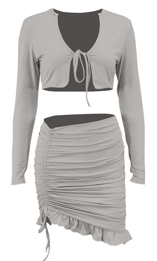 I Get It Long Sleeve V Neck Tie Front Crop Top Bodycon Ruffle Ruched Casual Two Piece Mini Dress