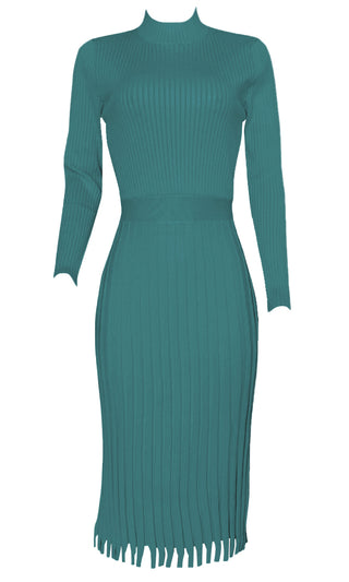 All You Want Sky Blue Pleated Crew Ribbed Round Neck Modest Long Sleeve Stretch Knit Body Con Sweater Midi Dress