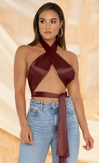 Permission to Dance <br><span> Brown Sleeveless Halter Satin  Wrap Tie Backless Crop Top</span>