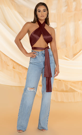 Permission to Dance <br><span>Red Sleeveless Halter Satin  Wrap Tie Backless Crop Top</span>