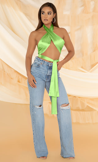 Permission to Dance <br><span> Lime Green Sleeveless Halter Satin  Wrap Tie Backless Crop Top</span>