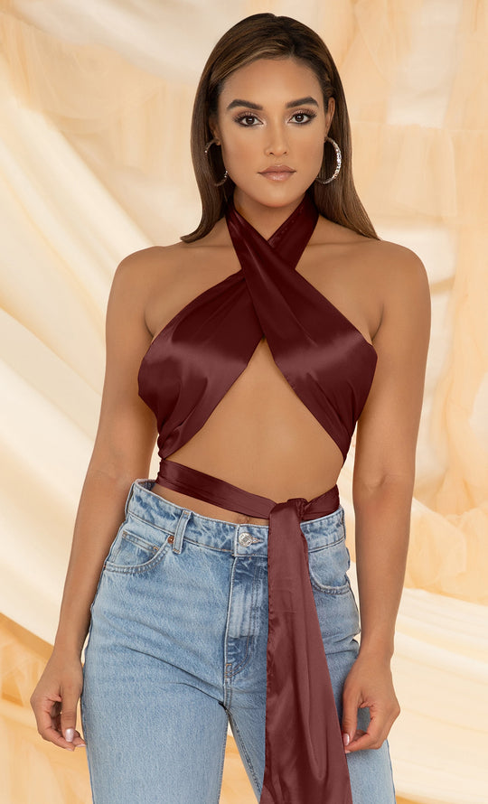 Halter Neck Backless Crop Top in Brown - Retro, Indie and Unique Fashion