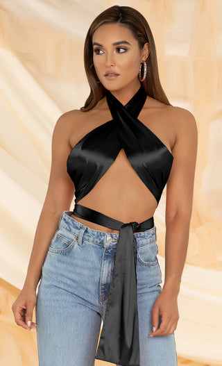 Permission to Dance <br><span> Black Sleeveless Halter Satin  Wrap Tie Backless Crop Top</span>
