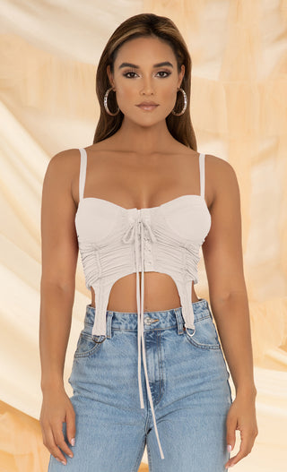 So Dope <br><span>White Mesh Sleeveless V Neck Ruched Lace Up Bustier Crop Top</span>