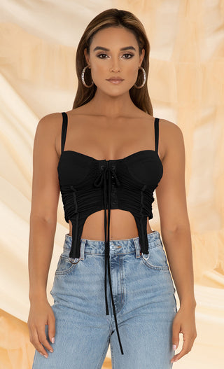 So Dope <br><span>Black Mesh Sleeveless V Neck Ruched Lace Up Bustier Crop Top</span>