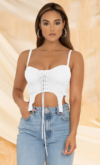 So Dope <br><span>Ivory Mesh Sleeveless V Neck Ruched Lace Up Bustier Crop Top</span>