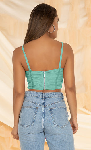 So Dope <br><span>Green Mesh Sleeveless V Neck Ruched Lace Up Bustier Crop Top</span>