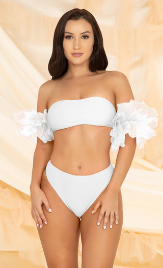 Show Your Glamour <br><span>  White Ruffle Short Sleeves Bandeau Top High Waist Brazilian Two Piece Swimsuit Bikini</span>