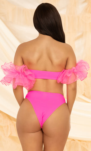 Show Your Glamour <br><span>  Fuchsia Pink Ruffle Short Sleeves Bandeau Top High Waist Brazilian Two Piece Swimsuit Bikini</span>
