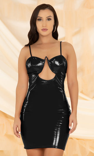 Daring Vixen Black PU Faux Leather Sleeveless Spaghetti Strap V Neck Bustier Cut Out Bodycon Mini Dress