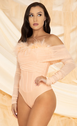 He's Yours Pink Feather Long Sleeve Ruched Off The Shoulder Bandage Bodysuit Top