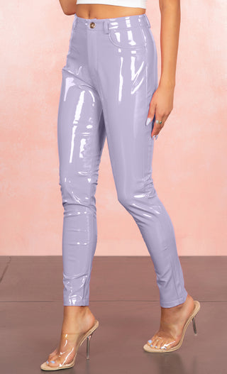 Too Slick <br><span>Light Purple PU Patent Mid Rise Shiny Zip Front Faux Leather Skinny Button Pant Streetwear</span>