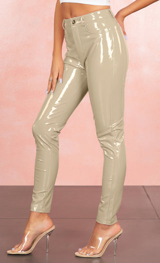 Too Slick <br><span>Hot Pink PU Patent Mid Rise Shiny Zip Front Faux Leather Skinny Button Pant Streetwear</span>