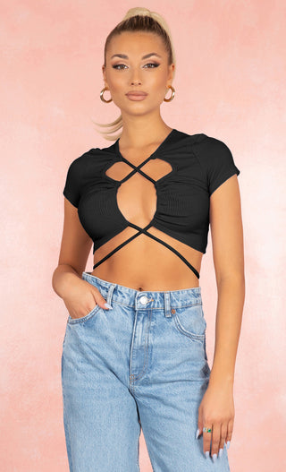 SHEIN Rhinestone Lace Up Front Sheer Mesh Sleeve Crop Top