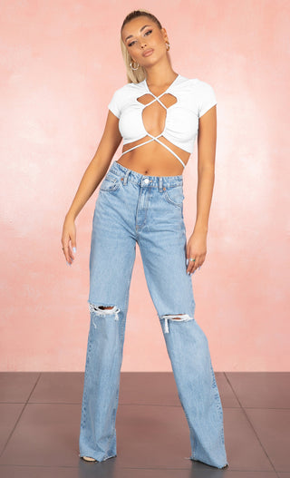 Lace Me Up White Ribbed Short Cap Sleeve Criss Cross Cut Out Crop Top