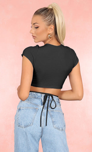 Lace Me Up White Ribbed Short Cap Sleeve Criss Cross Cut Out Crop Top