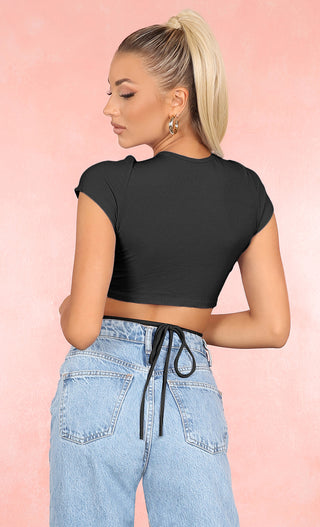 Lace Me Up Black Ribbed Short Cap Sleeve Criss Cross Cut Out Crop Top